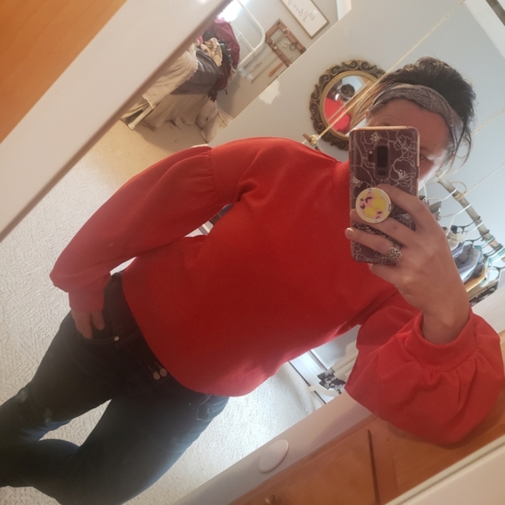 Red high collar top with balloon sleeves med